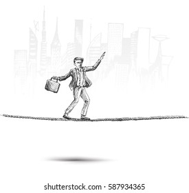 Business man balancing on the rope high in the sky, Hand Drawn Sketch Vector illustration.