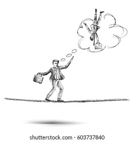 Business man balancing on the rope and thinking fall down, Hand Drawn Sketch Vector illustration.