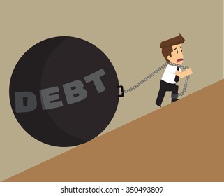 Business Man With A Ball And Chain, The Debt Burden. Vector