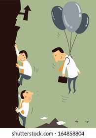 Business Man With Balloon Floating In The Air, Representing To Get Better Opportunity Or Chance To Be Successful Than Business Men Who Climbing Up The Mountain. Business Concept. 