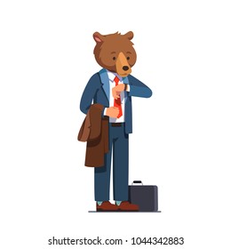 Business man with bear head wearing business suit standing and looking at wrist watch. Bear animal head person boss character wearing stylish clothes. Flat style vector illustration isolated on white