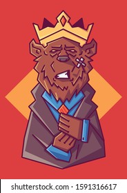 Business man with bear head wearing business suit and crown. Bear animal head person boss character wearing stylish clothes. Flat style vector illustration