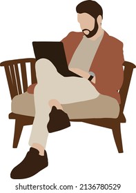 Business man with a beard in a jacket works with a laptop on an armchair
