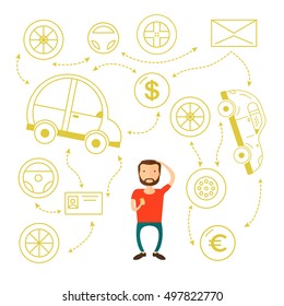 Business man with a beard thinking of choice. Decision concept. Vector flat design illustration.buys a car and can not choose