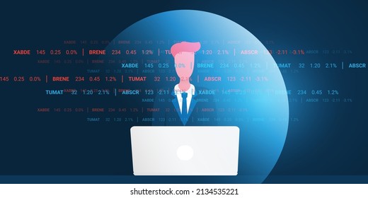 Business Man Behind a Laptop Computer Sitting in an Information Bubble - Vector Concept Design of Intellectual Isolation, Investment Decisions Based on One Sided Financial Data Sources, Misinformation