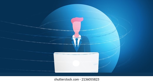 Business Man Behind a Laptop Computer Surfing the Internet, Sitting in an Filter Bubble - Vector Concept Design of Intellectual Isolation, One Sided or Low Quality Sources of Knowledge