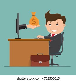 Business man being paid , Business man working on computer with hands holding money bag - vector illustration.