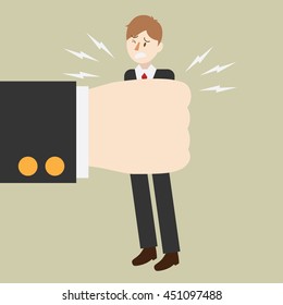 Business Man Being Squeezed By Huge Hand. People Under Pressure. Work Stress. Cartoon Vector Illustration.