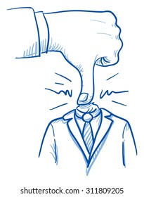 Business man with big hand pushing his head, concept for stress, burnout, headache, depression, hard work, bullying, hand drawn doodle vector illustration