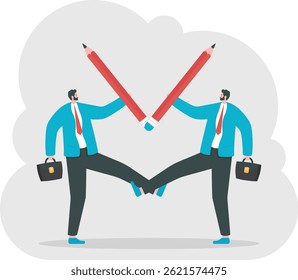 Business man with big pencils, show a victory sign. Business and finance concept. Team work. Vector, Illustration, Flat

