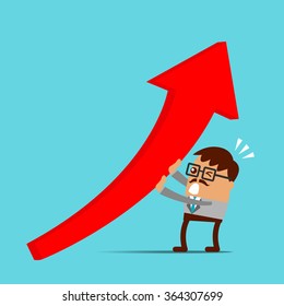 Business man with big red chart arrow, Cartoon vector concept