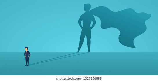 Business man with big shadow superhero. Super manager leader in business. Concept of success, quality of leadership, trust, emancipation. Vector illustration flat style.