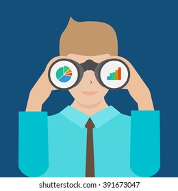 Business man with binoculars analyzing financial data.  Business concept. Vision and strategy, success and profit, vector illustration