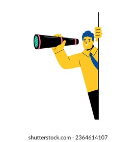 Business man with binoculars look into future. Concept of vision, search for goal, research and observation. Flat vector illustration isolated on white background
