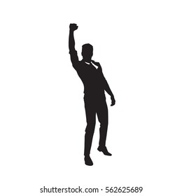 Business Man Black Silhouette Excited Hand Up Success Full Length Over White Background Vector Illustration