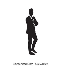 Business Man Black Silhouette Folded Hands Full Length Over White Background Vector Illustration