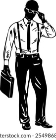 Business man black silhouette, outline sketchy office worker, man with case in the hand