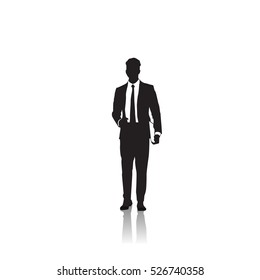 Business Man Black Silhouette Standing Full Length Over White Background Vector Illustration