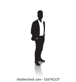 Business Man Black Silhouette Standing Full Length Over White Background Hands In Pockets Vector Illustration