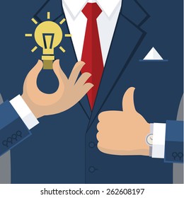 Business man in black suit give thumb up sign. Concept of idea. Flat design.