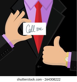 Business man in black suit give thumb up sign and holding a card. Flat design.