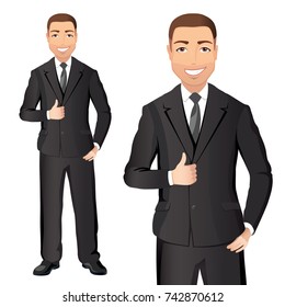 Business man in black suit smiles and shows thumbs up. Full length portraits of Confident man in suit isolated on white background. Flat design. Vector cartoon illustration