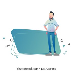 Business man with blank blue banner in various action. Vector character design