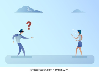 Business Man Blind Forded Walk On Businesswoman Voice Direction Support Concept Vector Illustration