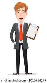 Business man with blond hair, cartoon character. Handsome businessman in suit holding checklist. Vector illustration isolated on white background.