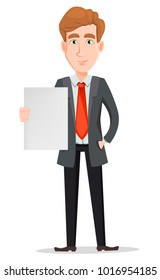 Business man with blond hair, cartoon character. Handsome businessman in suit holding blank placard. Vector illustration isolated on white background.