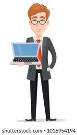 Business man with blond hair, cartoon character. Handsome businessman in suit and glasses holding laptop. Vector illustration isolated on white background.