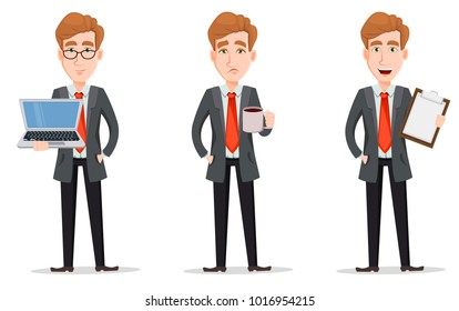 Business man with blond hair, cartoon character. Set with handsome businessman in suit, holding laptop, tired and holding checklist. Vector illustration isolated on white background.