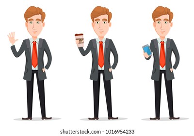 Business man with blond hair, cartoon character. Set with handsome businessman in suit waving hand, holding coffee and holding smartphone. Vector illustration isolated on white background.