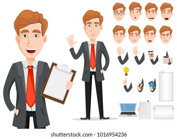Business man with blond hair, cartoon character creation set. Young handsome smiling businessman in smart casual clothes. Build your personal design - stock vector