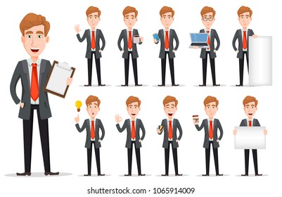 Business man with blond hair, cartoon character set. Handsome businessman in suit. Vector illustration on white background.