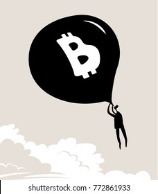 business man blowing up a balloon. bitcoin. metafor. vector illustration.