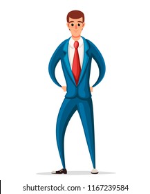 Business man in blue formal wear. Cartoon character design. Flat vector illustration isolated on white background.