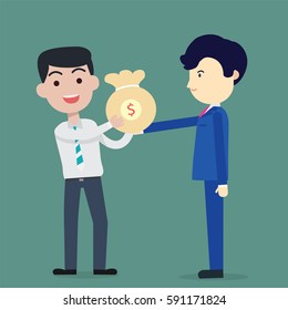 Business man blue suite bring bag of money to Employees white suite vector illustration, bank loan cash giving, credit packet, salary payment