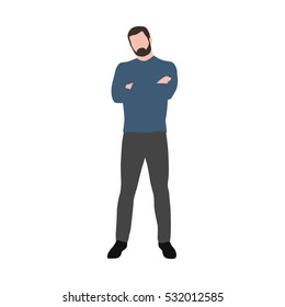 Business man in blue sweater standing with folded hands, vector illustration