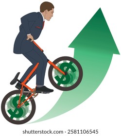 business man, BMX bike concept of riding upward on a growth arrow with spinning dollar sign in the wheels, isolated on a white background