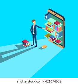 Business Man With Books Cell Smart Phone Online Library 3d Isometric Vector Illustration