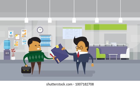Business Man Boss Giving To Asian Employee Worker Folder With Document Contract Paper On Office Interior Background Flat Vector Illustration