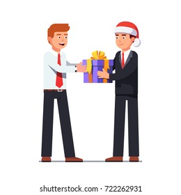 Business man boss in Santa Claus hat giving holiday gift box decorated with red ribbon bow to employee. Corporate worker Christmas and New Year congratulations. Flat style vector isolated illustration