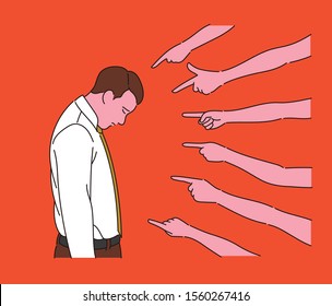 A business man is bowing his face. Many fingers blame a man. hand drawn style vector design illustrations. 