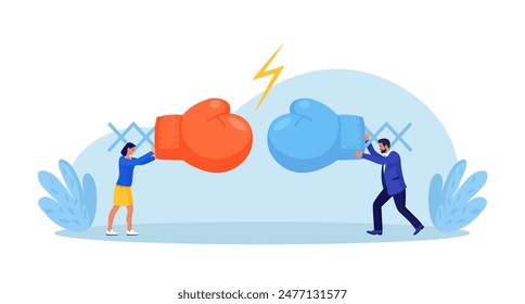 Business man in boxing gloves fighting with woman. Conflict between coworkers or misunderstanding. Tensed argument of two partners or colleagues. Confrontation. Aggressive quarrel, two opponents fight