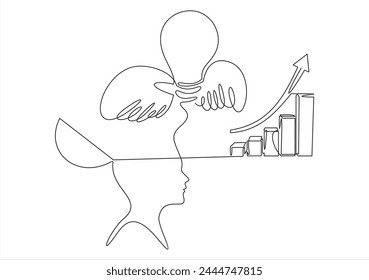 Business man brain with idea light bulb and up forward arrow, concept of making big idea.Continuous one line drawing	
