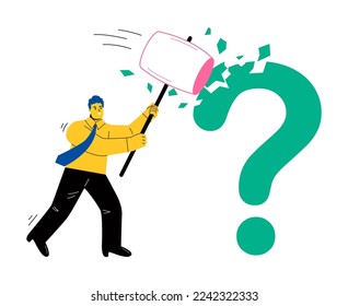 Business man break question mark. Decision making concept. Flat vector illustration isolated on white background
