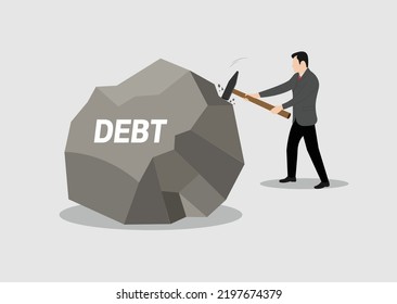 Business Man Breaking Debt Stone With Hammer. 