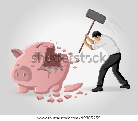 Business man breaking piggy bank with coins
