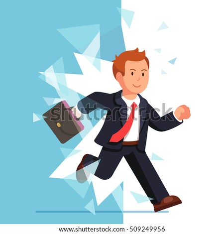 Business man breaking through glass wall. Smiling businessman overcoming obstacles. Flat style vector illustration isolated on white background.